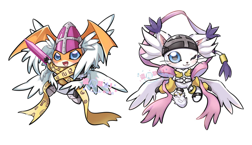 1boy, 1girl, angewomon, angewomon_(cosplay), animal_ears, animal_hands, arm_blade, asymmetrical_legwear