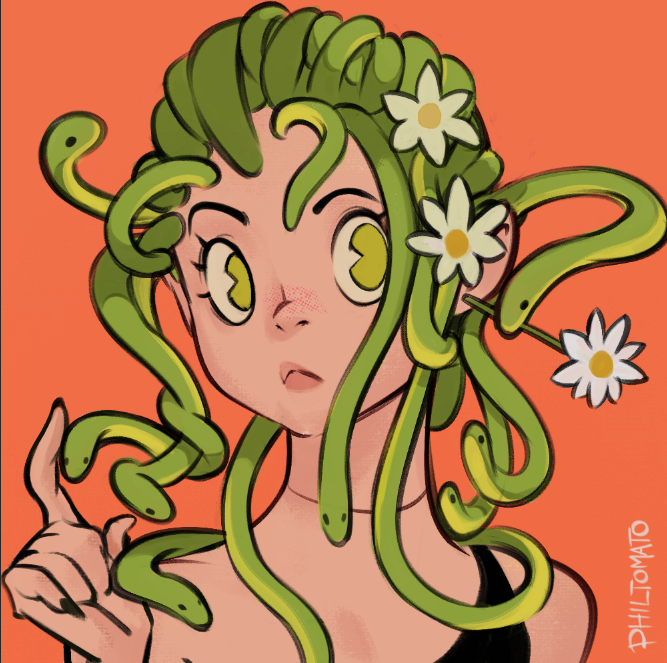 1girl, black_nails, black_shirt, closed_mouth, daisy, english_commentary, flower, green_eyes