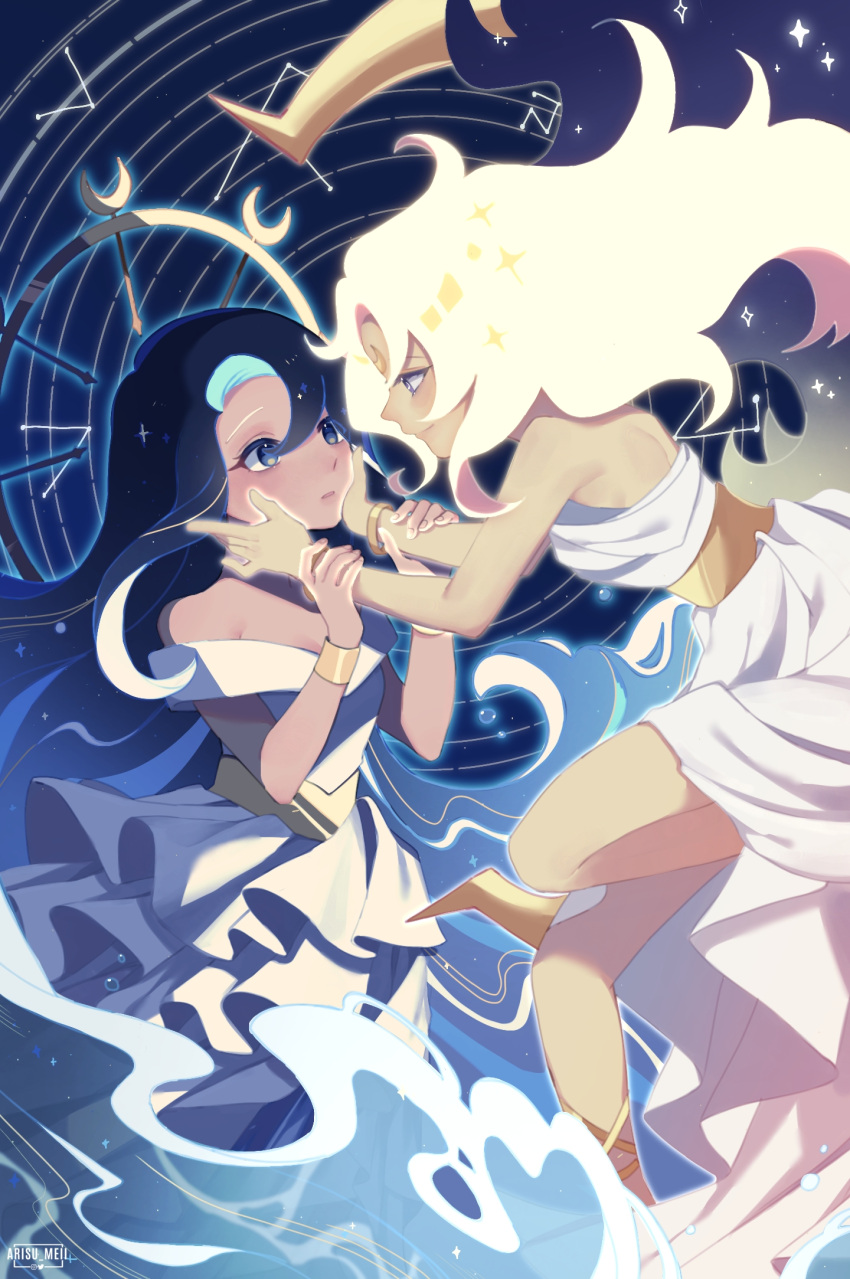 2girls, alice_invader, alternate_hair_color, bare_shoulders, belt, blonde_hair, blue_eyes, blue_hair, bracelet, colored_inner_hair, cookie_run, dress, frilled_dress, frills, gradient_hair, hands_on_another's_arms, hands_on_another's_face, highres, humanization, jewelry, looking_at_another, moonlight_cookie, multicolored_hair, multiple_girls, off-shoulder_dress, off_shoulder, official_alternate_costume, sea_fairy_cookie, short_sleeves, sleeveless, sleeveless_dress, violet_eyes, white_dress, yellow_belt, yellow_bracelet, yellow_footwear