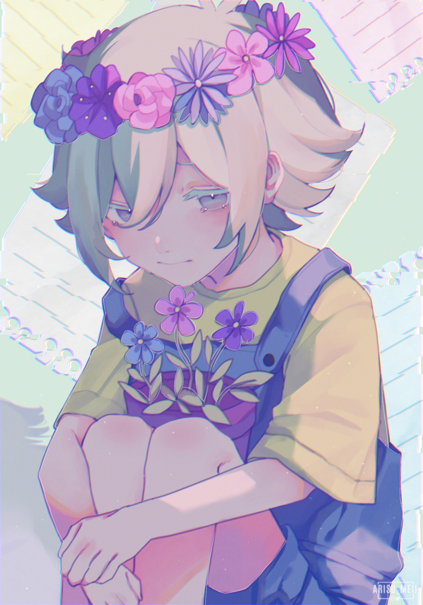 1boy, alice_invader, antenna_hair, basil_(headspace)_(omori), basil_(omori), blue_flower, blue_overalls, buttons