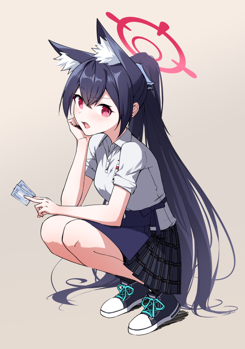1girl, absurdres, animal_ear_fluff, animal_ears, black_footwear, black_hair, black_skirt, blue_archive