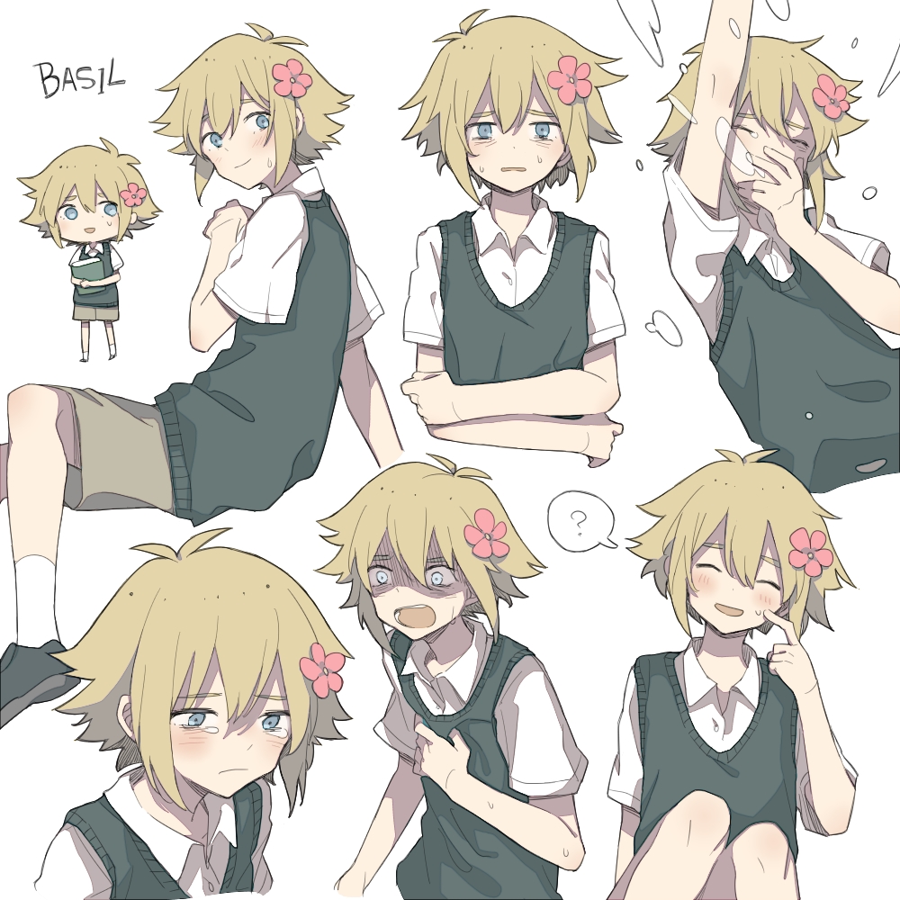 1boy, ?, antenna_hair, arm_up, basil_(faraway)_(omori), basil_(omori), blonde_hair, blush
