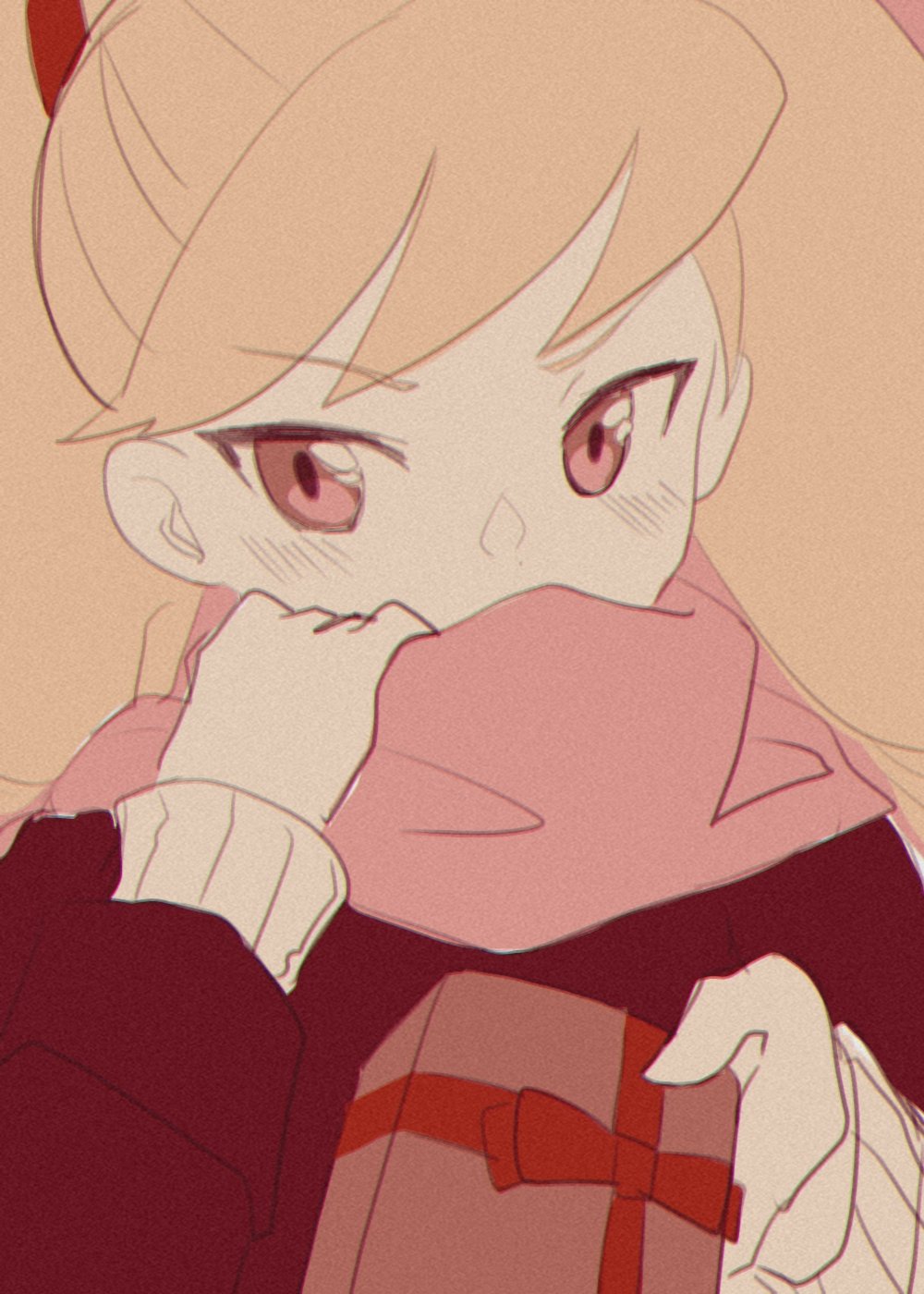 1girl, blonde_hair, blush, highres, lemon_inu, limited_palette, long_hair, luna_platz_(mega_man), mega_man_(series), mega_man_star_force, pink_eyes, scarf, scarf_over_mouth, solo, twintails, upper_body, valentine