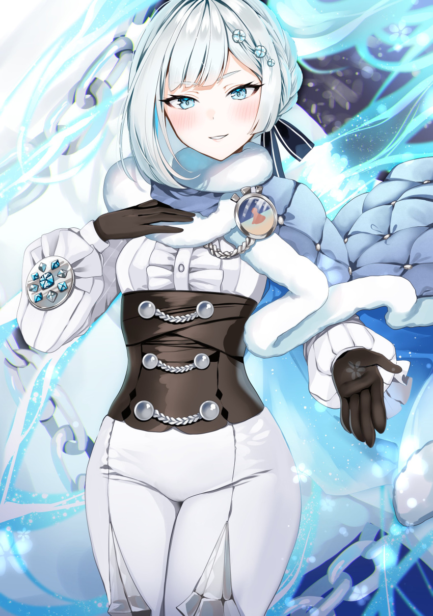 1girl, absurdres, akershus_fortress_(oshiro_project), badge, black_corset, black_gloves, blue_bow, blue_cape