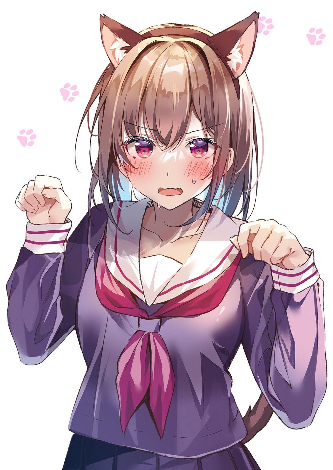 1girl, animal_ear_fluff, animal_ears, blue_hair, blush, cat_ears, cat_tail, collarbone