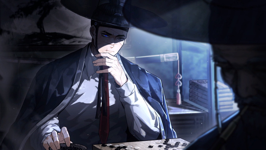 2boys, beard, black_hair, blue_eyes, blurry, blurry_foreground, closed_mouth, collared_shirt