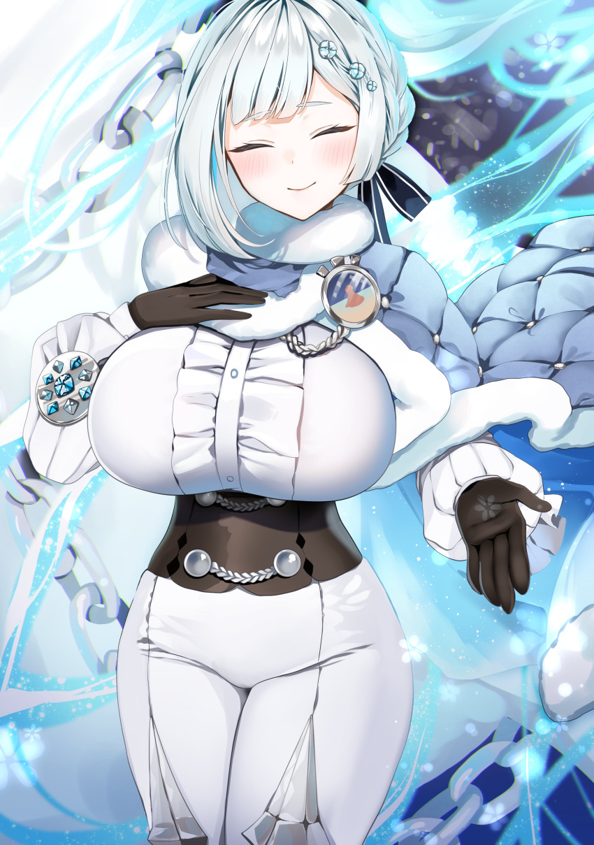 1girl, ^_^, absurdres, akershus_fortress_(oshiro_project), badge, black_corset, black_gloves, blue_bow