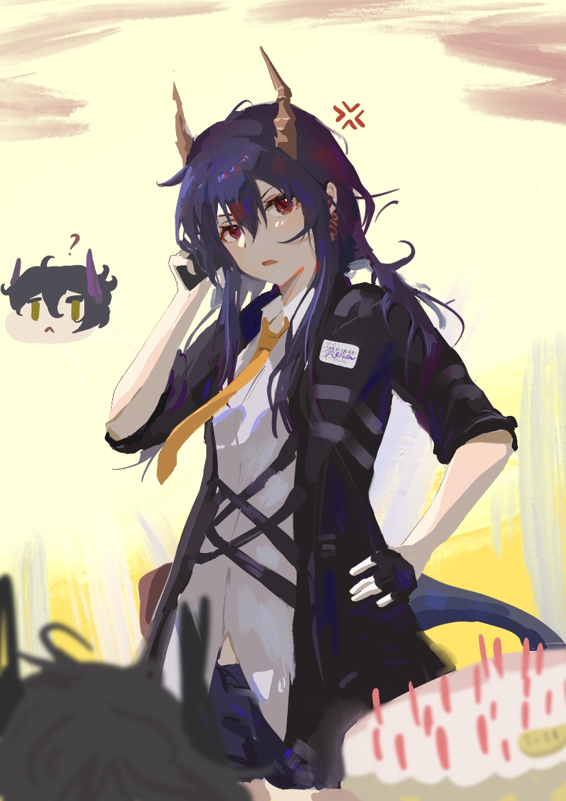 1boy, 1girl, ?, anger_vein, annoyed, arknights, arm_up, black_coat