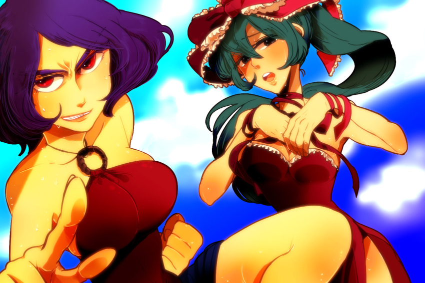 bare_shoulders, bow, breasts, cleavage, hair_bow, hair_ribbon, kagiyama_hina, multiple_girls