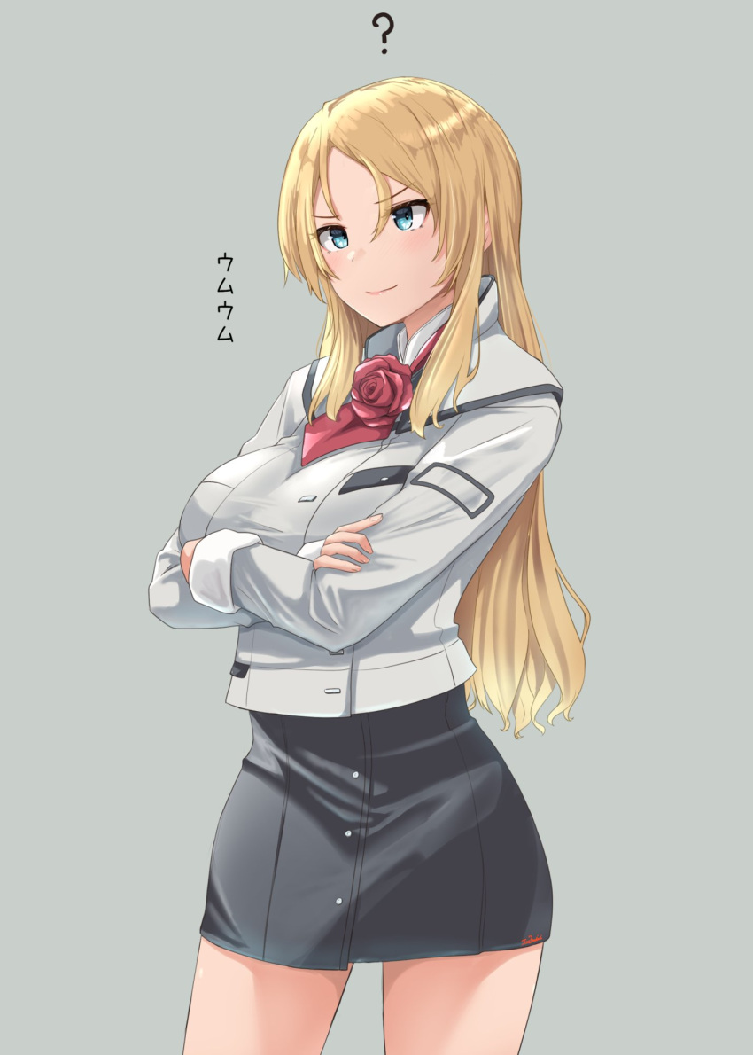 1girl, ?, ascot, black_skirt, blonde_hair, blue_eyes, contrapposto, crossed_arms