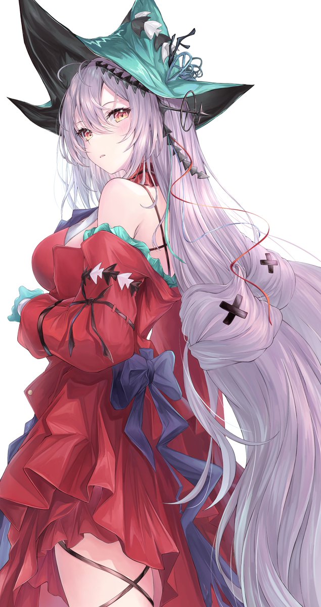 1girl, arknights, blue_headwear, commentary_request, dress, from_side, hair_ornament, hat
