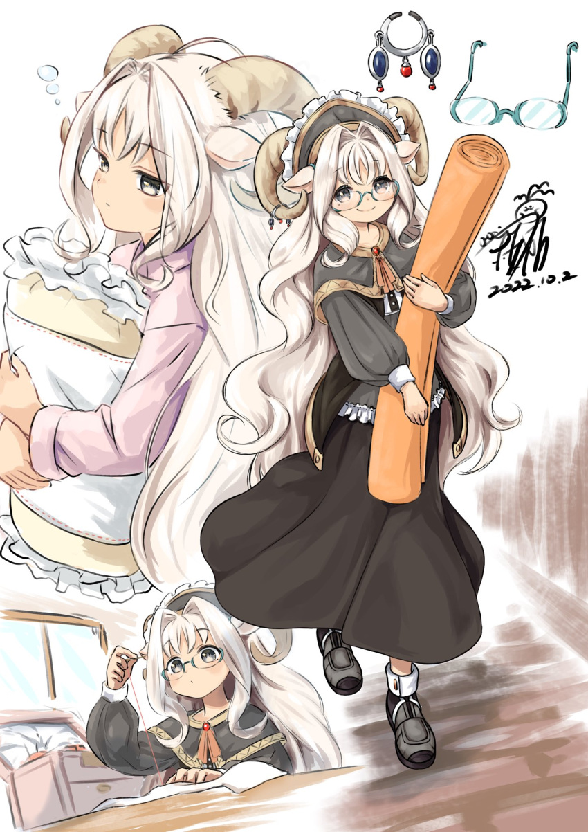 1girl, 2022, animal_ears, black_footwear, black_headwear, black_shirt, black_skirt, brown_eyes