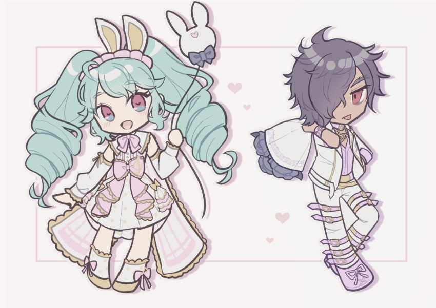 1boy, 1girl, :d, ajisai_hana_(hydrangea_096), animal_ears, balloon, blue_hair, bow, chibi, commentary_request, dark-skinned_male, dark_skin, detached_sleeves, dress, drill_hair, fake_animal_ears, full_body, hair_over_one_eye, hand_up, highres, holding, holding_balloon, idol_land_pripara, jacket, katasumi_amari, long_hair, long_sleeves, looking_at_viewer, mario_(pripara), open_mouth, pants, pink_bow, pink_eyes, pretty_series, pripara, purple_footwear, rabbit_balloon, rabbit_ears, red_eyes, shoes, short_hair, smile, standing, tongue, tongue_out, twin_drills, twintails, very_long_hair, white_dress, white_jacket, white_pants