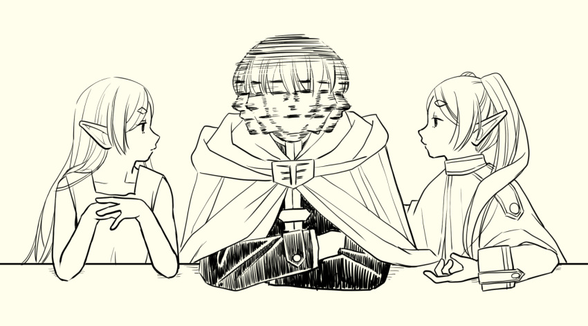 1boy, 2girls, afterimage, capelet, cloak, crossed_arms, dual_persona, elbows_on_table