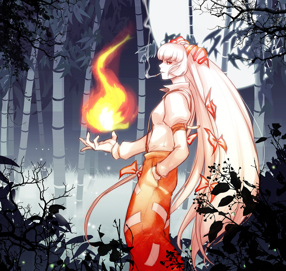 bamboo, bamboo_forest, cigarette, fire, forest, fujiwara_no_mokou, nature, profile