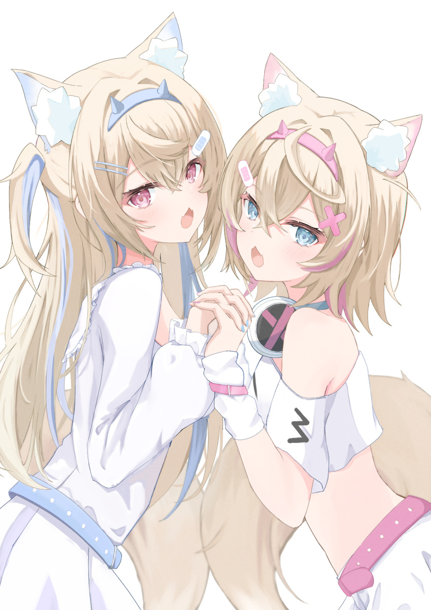 2girls, animal_ears, arm_warmers, bandaid, bandaid_hair_ornament, bare_shoulders, belt, blonde_hair