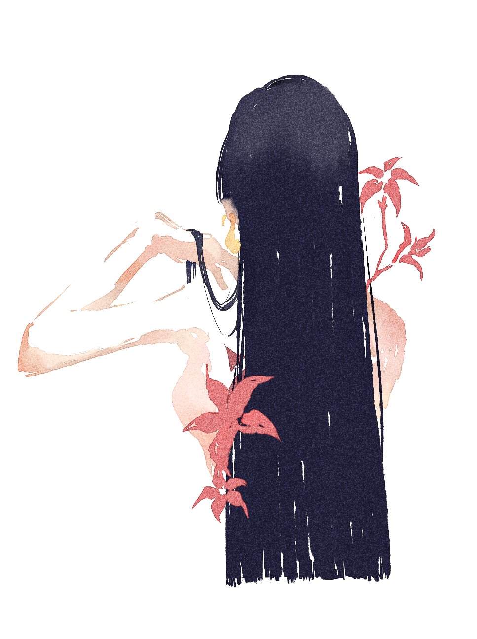 1girl, arm_up, back, black_hair, boa_hancock, chinese_commentary, commentary_request, earrings, fish191101756, flower, highres, jewelry, long_hair, one_piece, simple_background, snake_earrings, solo, white_background
