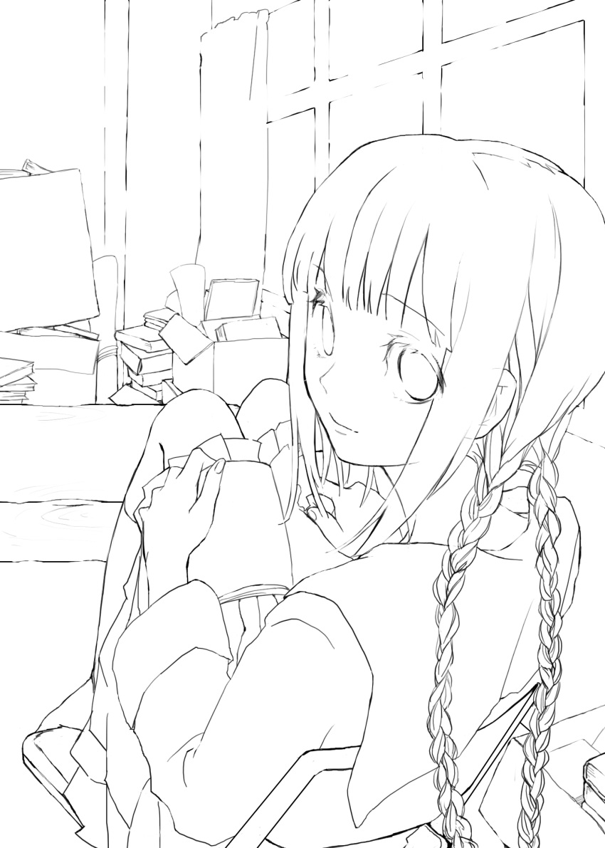 amano_tohko, book, bow, braid, bungaku_shoujo, highres, kneehighs, lineart