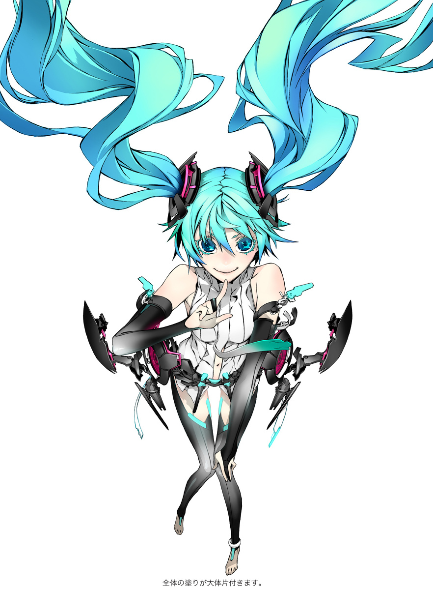aqua_hair, barefoot, blue_eyes, bridal_gauntlets, hatsune_miku, hatsune_miku_(append), highres, long_hair