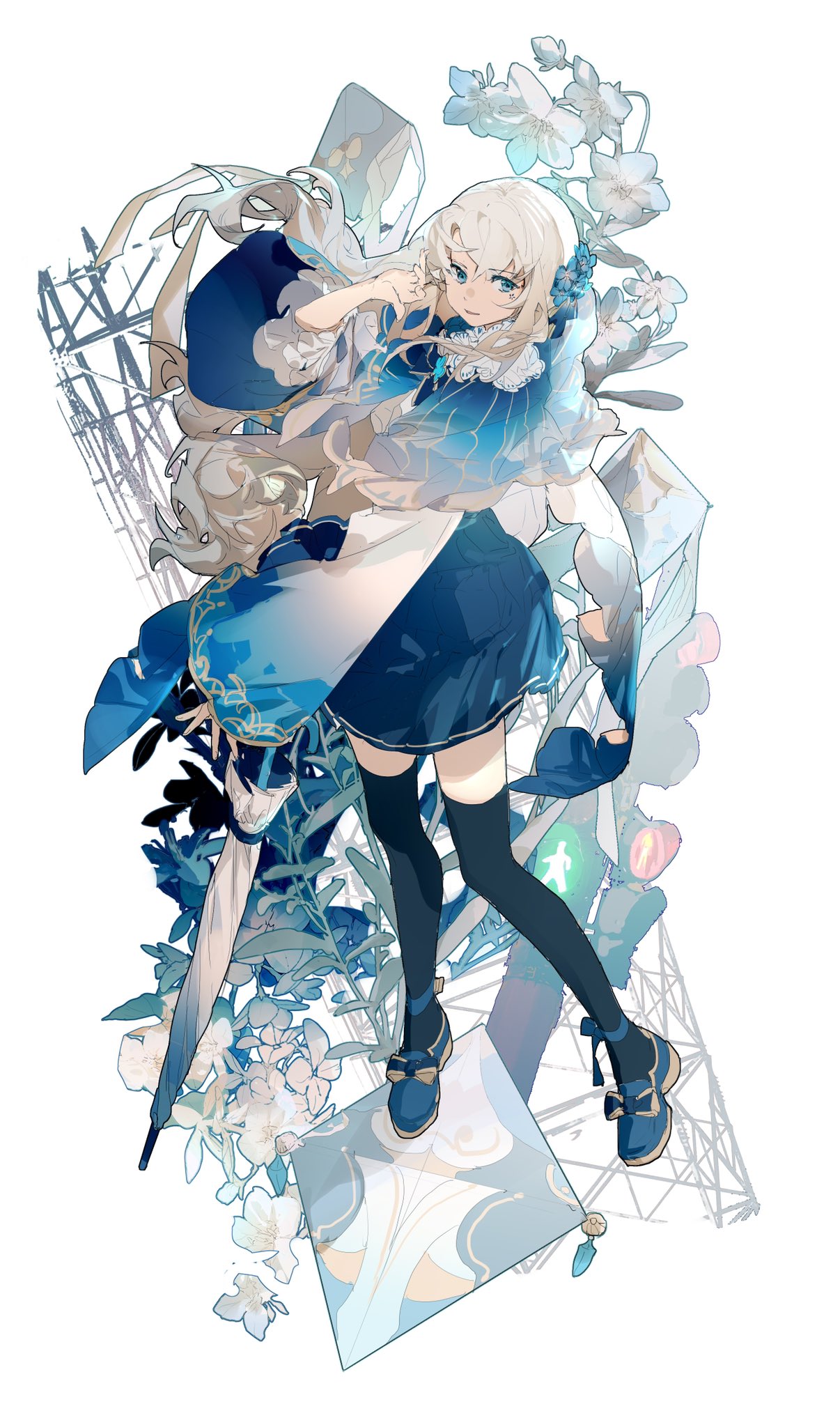 1girl, black_thighhighs, blue_capelet, blue_dress, blue_eyes, blue_footwear, blue_theme, capelet