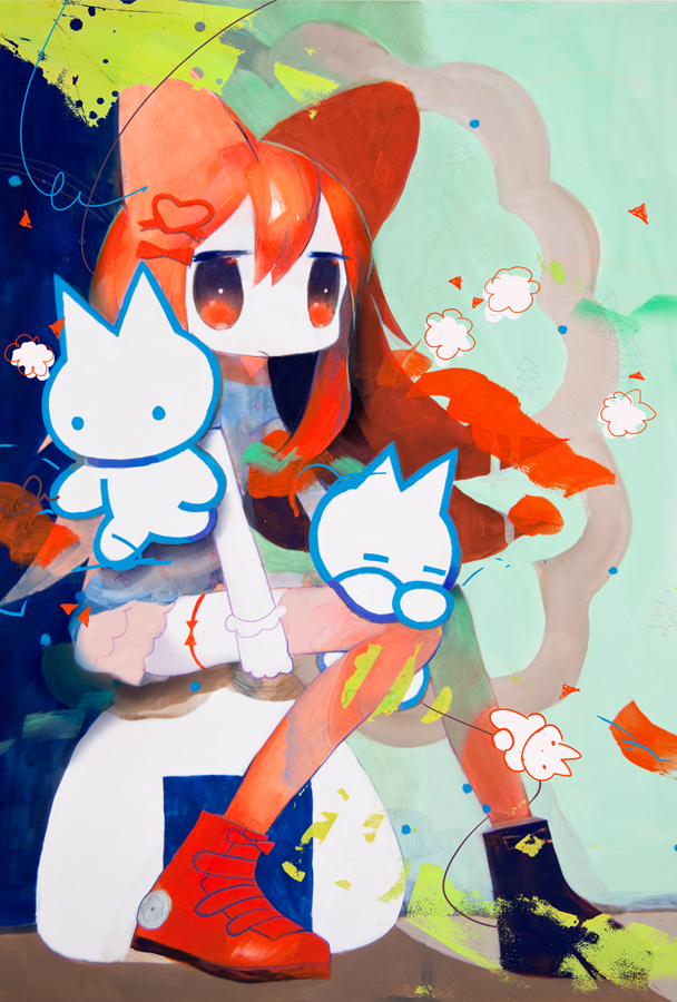 animal_ears, chibi, cloud, clouds, mitsugo_(road_after_rain), onigiri, orange_eyes, orange_hair, original, riceball, shoes, sitting, solo, surreal, thigh-highs, thighhighs