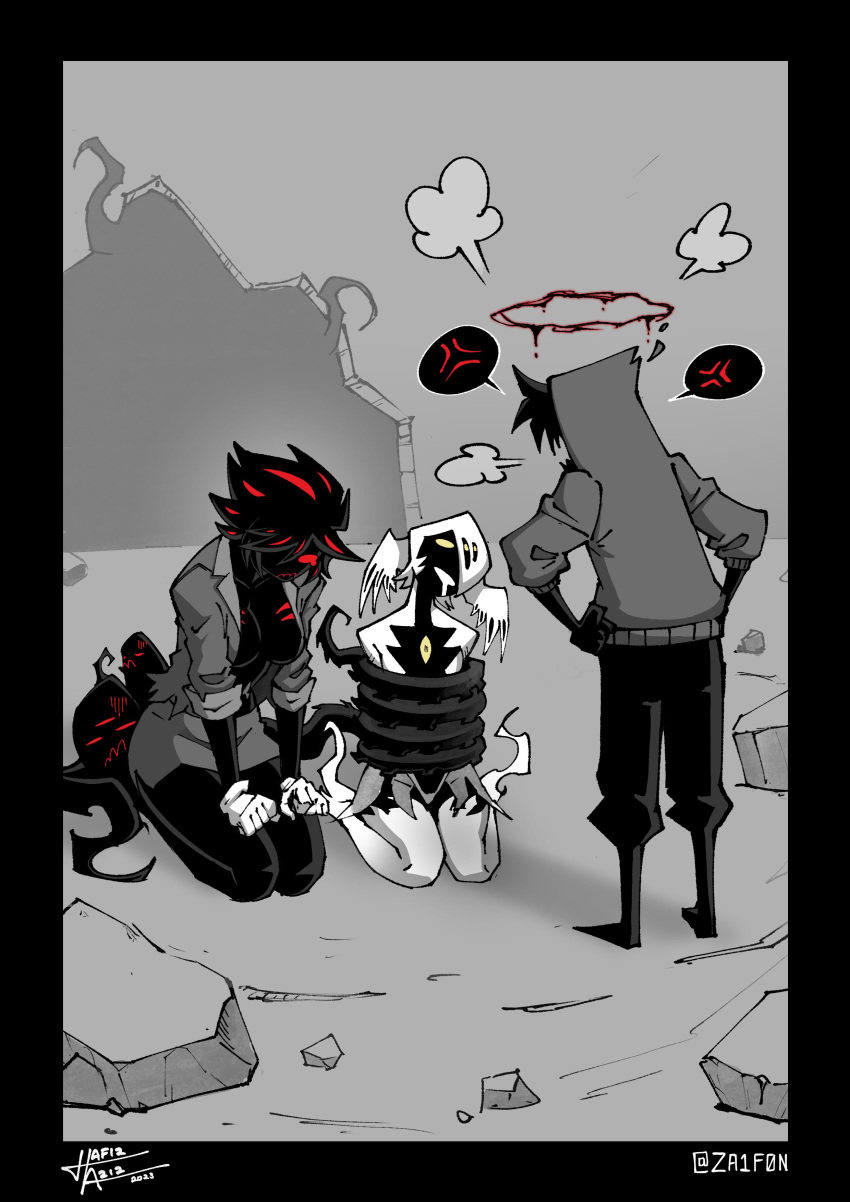2girls, abby_(za1f0n), absurdres, angel, angel_(za1f0n), angry, artist_self-insert, black_eyes