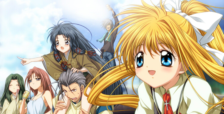 2boys, 4girls, air, blonde_hair, blue_eyes, carrying, fan, female
