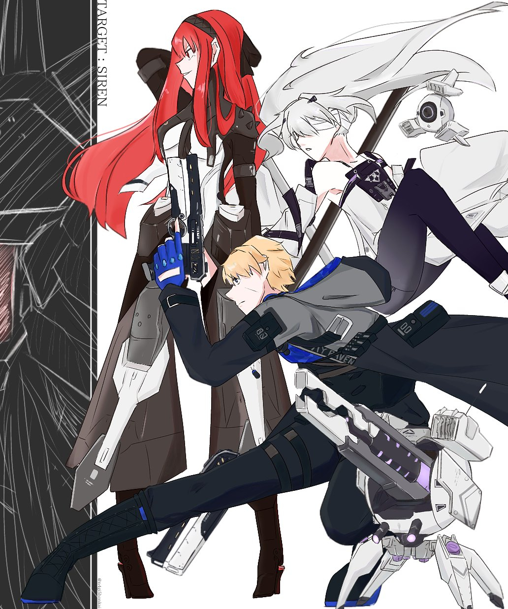 1boy, 1other, 2girls, bandage_over_one_eye, bare_shoulders, black_bodysuit, black_hairband, black_pants