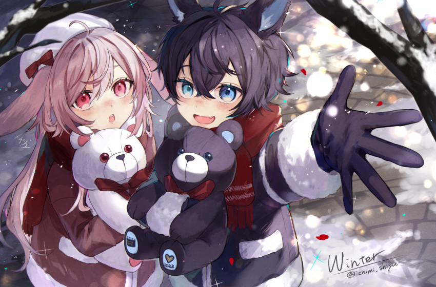 1boy, 1girl, animal_ears, bare_tree, black_hair, blue_eyes, blush, coat