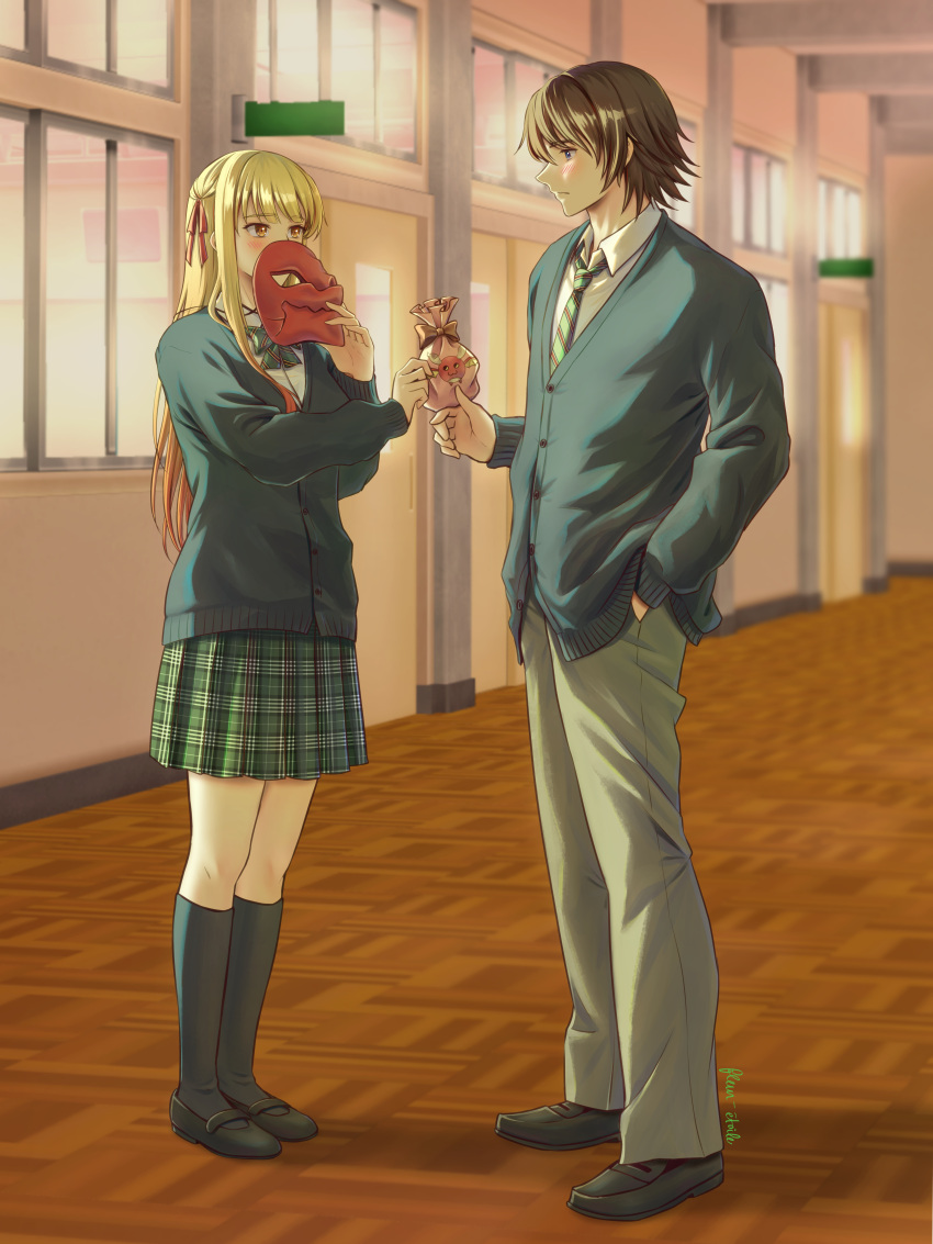 1boy, 1girl, absurdres, angel_(drag-on_dragoon), black_socks, blonde_hair, blue_eyes, blush, brown_hair, caim_(drag-on_dragoon), cardigan, classroom, commentary_request, drag-on_dragoon, embarrassed, facing_another, full_body, hallway, highres, holding, holding_mask, kneehighs, light_blush, long_hair, looking_at_another, mask, pants, personification, pleated_skirt, pouch, saki814, school, school_uniform, short_hair, shy, signature, skirt, socks, valentine, yellow_eyes