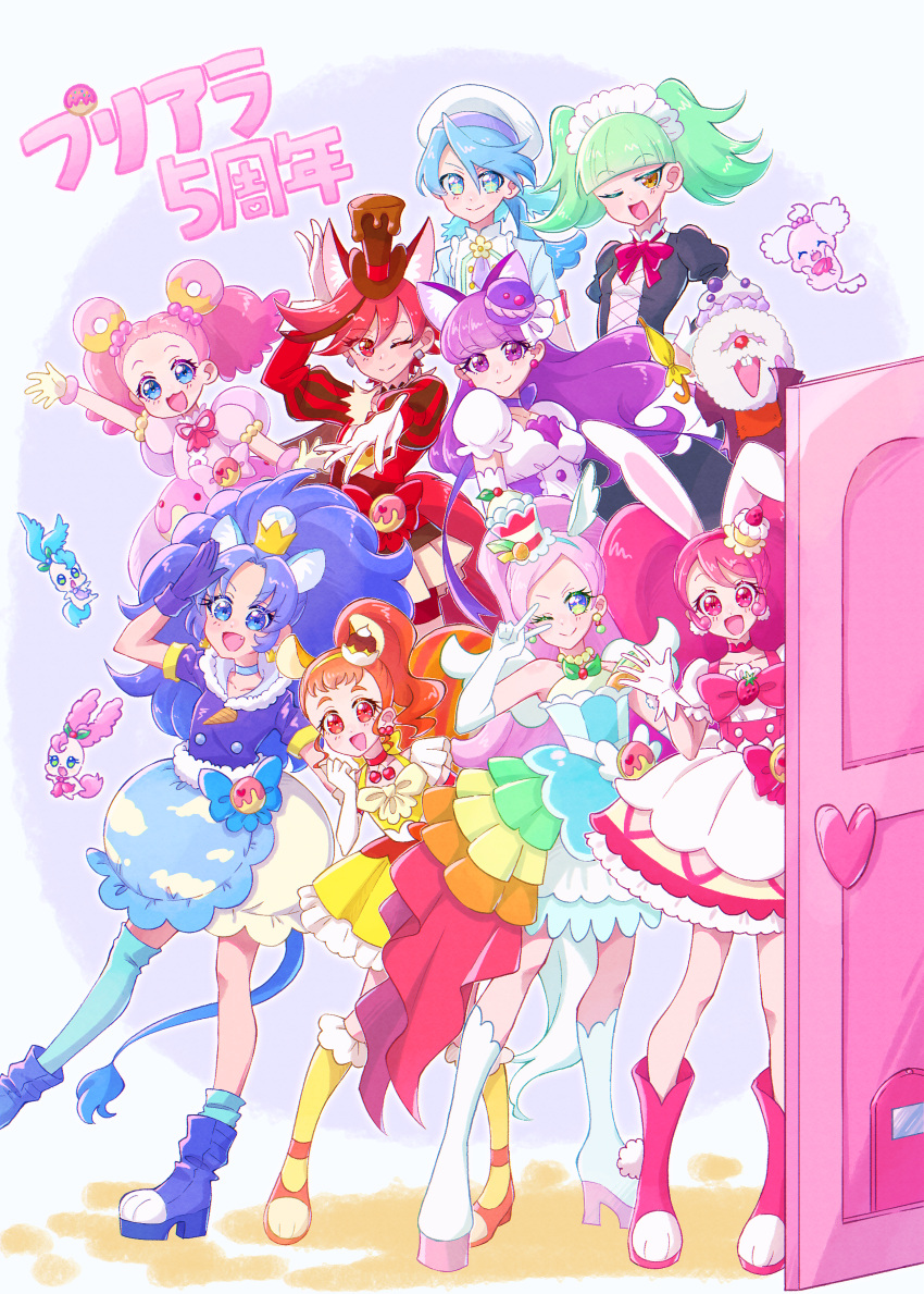 1boy, 6+girls, ;), absurdres, animal_ears, arisugawa_himari, arm_up, asymmetrical_legwear