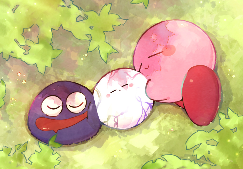 1boy, 2others, blue_skin, blush_stickers, closed_eyes, colored_skin, drooling, gooey_(kirby), grass, highres, kirby, kirby:_star_allies, kirby_(series), mikanbako_(aitatadon3), no_humans, pink_skin, sleeping, smile, tree_shade, void_(kirby), void_soul