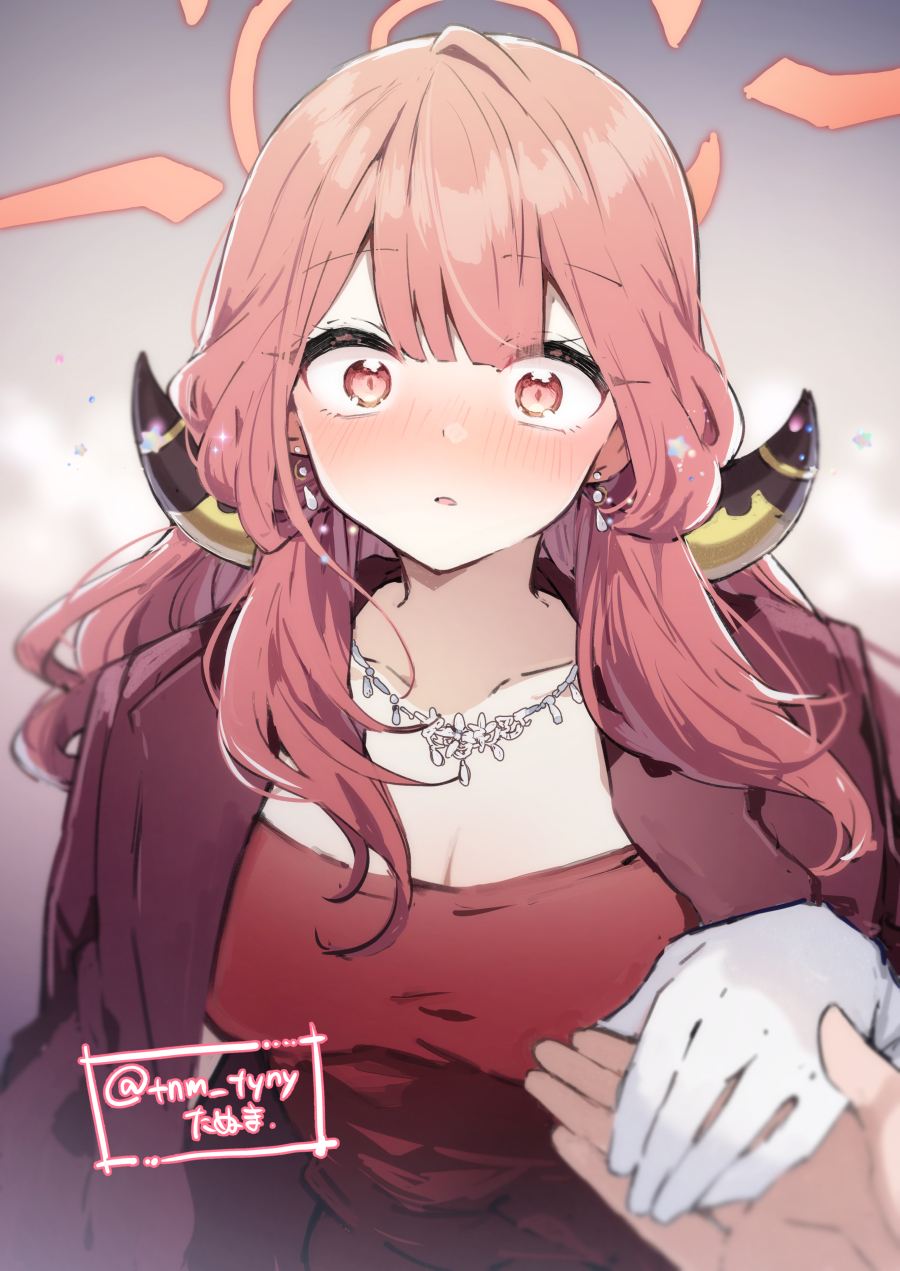 aru_(blue_archive), aru_(dress)_(blue_archive), blue_archive, brown_coat, brown_horns, coat, coat_on_shoulders, demon_horns, diamond_necklace, dress, gloves, halo, highres, horns, ikeuchi_tanuma, jewelry, necklace, official_alternate_costume, orange_halo, pink_halo, problem_solver_68_(blue_archive), red_coat, red_dress, strapless, strapless_dress, wavy_ends, white_gloves