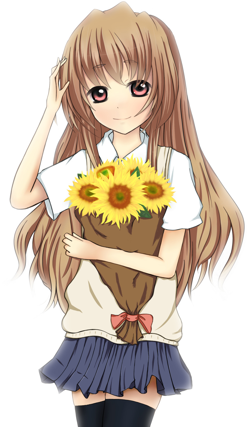 bouquet, brown_hair, flower, highres, long_hair, niu, red_eyes, school_uniform