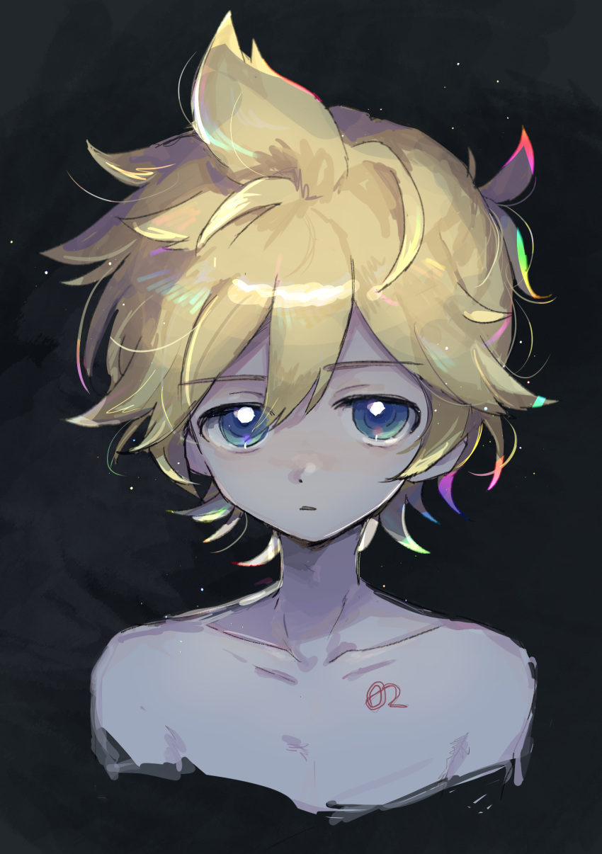 1boy, bishounen, black_background, blonde_hair, blue_eyes, blush, chest_tattoo, collarbone, commentary, cropped_torso, expressionless, hair_between_eyes, highres, kagamine_len, male_focus, messy_hair, number_tattoo, octopachi, pale_skin, short_hair, short_ponytail, simple_background, tattoo, topless_male, upper_body, vocaloid