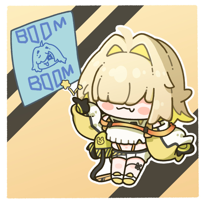 1girl, absurdres, black_gloves, blonde_hair, blush, border, chibi, closed_mouth