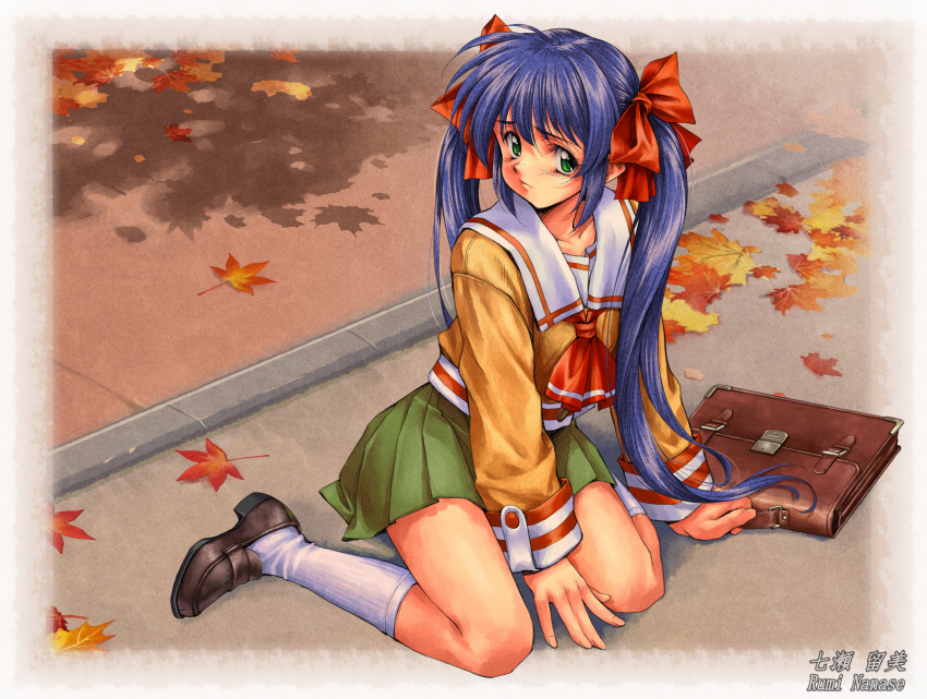1girl, bag, black_footwear, blue_hair, blush, bow, brown_bag, chinese_commentary, closed_mouth, commentary_request, commission, full_body, green_eyes, green_skirt, hair_bow, highres, loafers, long_sleeves, longmei_er_de_tuzi, looking_at_viewer, nanase_rumi, on_floor, one_-_kagayaku_kisetsu_e, pixiv_commission, pleated_skirt, red_bow, sailor_collar, school_bag, school_uniform, shirt, shoes, sidewalk, skirt, socks, solo, twintails, white_sailor_collar, white_socks, yellow_shirt