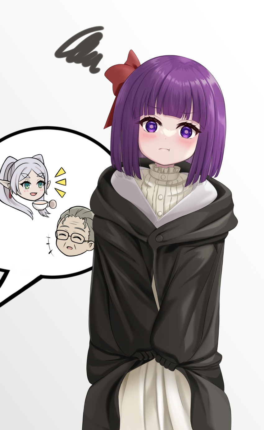 1boy, 2girls, :t, absurdres, aged_down, black_cloak, black_gloves, blunt_bangs, blunt_ends, blush, bob_cut, bow, bright_pupils, chibi, chibi_inset, child, cloak, closed_mouth, commentary_request, cowboy_shot, eyelashes, fern_(sousou_no_frieren), frieren, frown, gloves, hair_bow, heiter, highres, jealous, long_sleeves, looking_at_viewer, multiple_girls, nyamaha, pout, purple_hair, red_bow, simple_background, solo_focus, sousou_no_frieren, speech_bubble, squiggle, tsurime, v_arms, violet_eyes, white_background