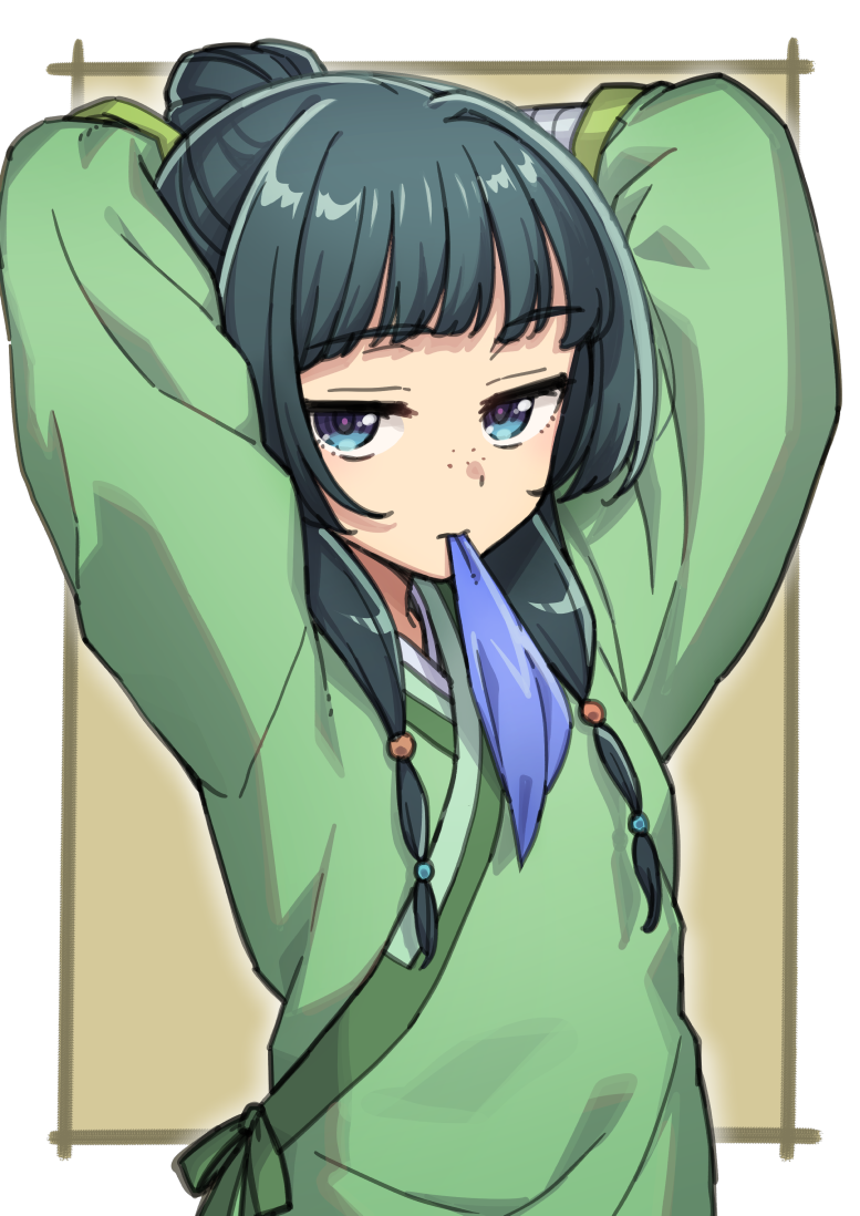 1girl, adjusting_hair, arms_up, black_hair, blue_eyes, chinese_clothes, freckles, hair_bun