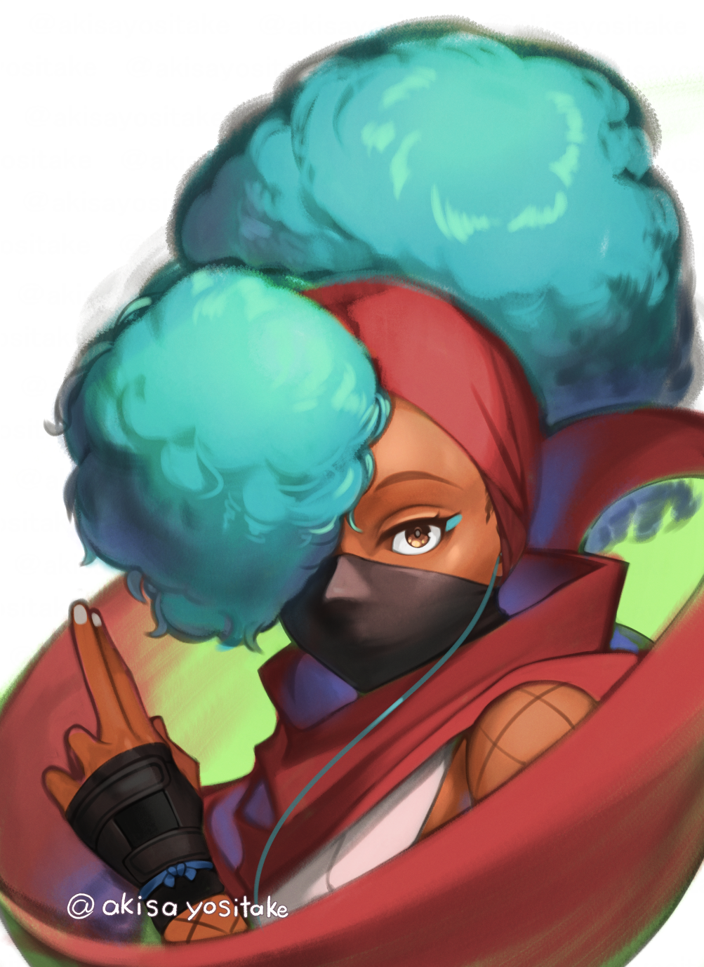 1girl, afro, akisa_yositake, aqua_hair, armor, bandana, big_hair, brown_eyes