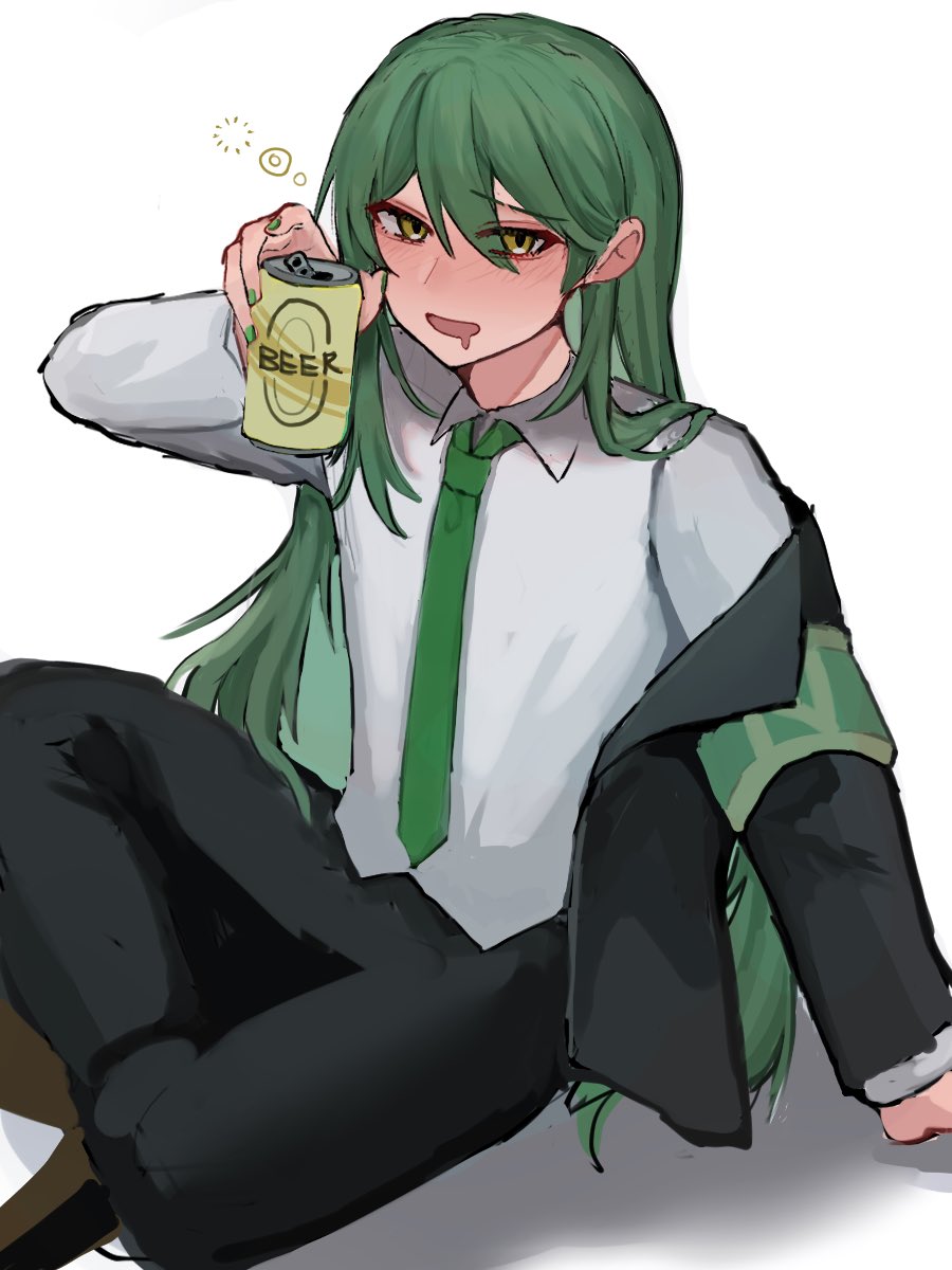 1boy, beer_can, black_jacket, black_pants, blush, can, collared_shirt, drink_can
