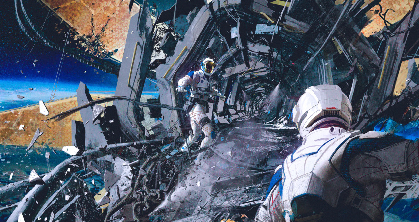 2others, bodysuit, broken_glass, concept_art, copyright_request, debris, destruction, facing_another