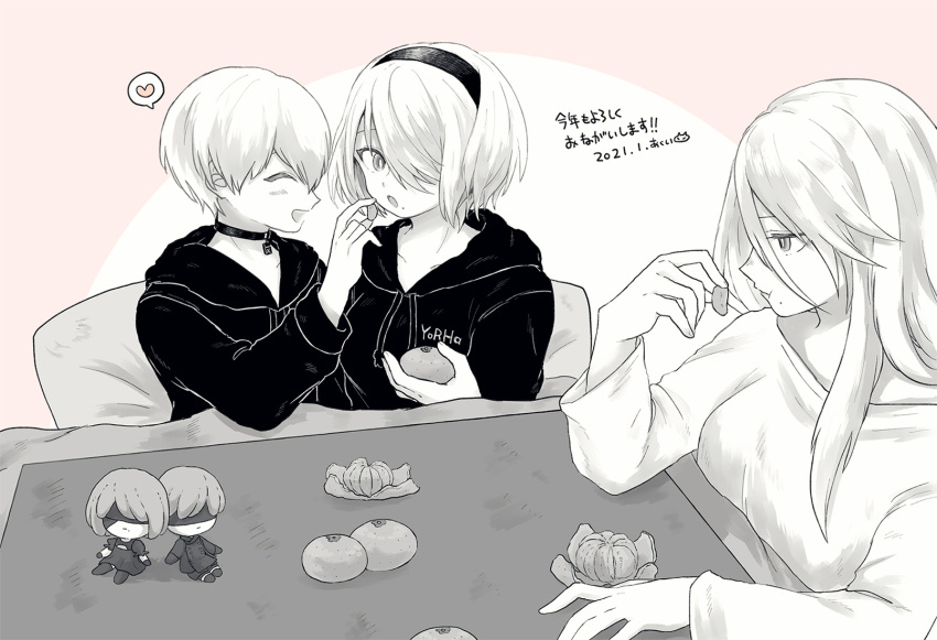 1boy, 2b_(nier:automata), 2girls, 9s_(nier:automata), :d, a2_(nier:automata), akui_(liricoa), closed_eyes