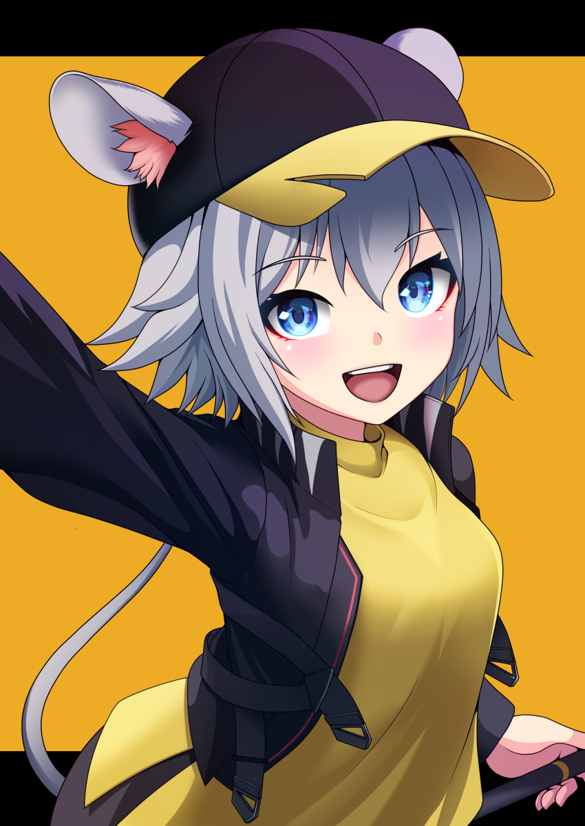 1girl, absurdres, animal_ears, arknights, baseball_cap, black_headwear, black_jacket, blue_eyes, blush, click_(arknights), commentary_request, ears_through_headwear, grey_hair, hair_between_eyes, hat, highres, holding, jacket, kaminokado_akira, long_sleeves, looking_at_viewer, mouse_ears, mouse_girl, mouse_tail, open_mouth, shirt, short_hair, smile, solo, tail, teeth, two-tone_background, two-tone_headwear, upper_body, upper_teeth_only, yellow_background, yellow_shirt