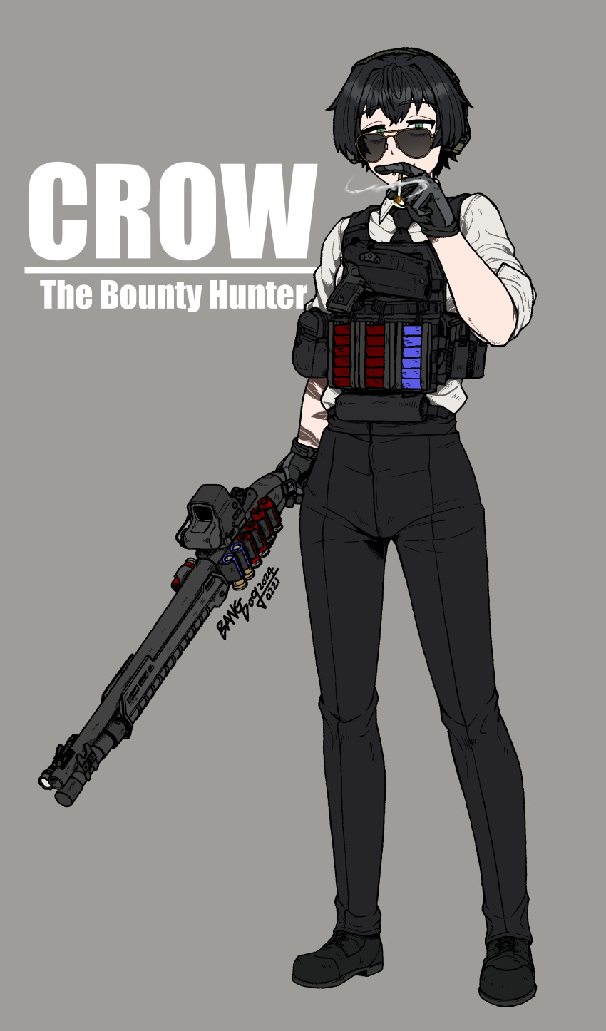 1girl, absurdres, arm_tattoo, aviator_sunglasses, bangdog, beretta_1301, black_footwear, black_gloves, black_hair, black_necktie, black_pants, cigarette, crow_(bangdog), dress_pants, eotech, gloves, green_eyes, grey_background, gun, handgun, highres, holding, holding_cigarette, load_bearing_vest, military, necktie, pants, short_hair, shotgun, shotgun_shell, signature, simple_background, sleeves_rolled_up, smoking, standing, sunglasses, tactical_clothes, tattoo, tomboy, weapon