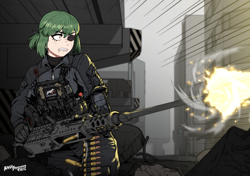 1girl, absurdres, ammunition_belt, bangdog, browning_m2, clenched_teeth, eyepatch, firing