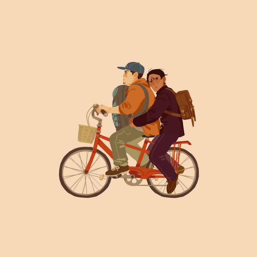 2boys, backpack, bag, baseball_cap, bicycle, black_eyes, black_hair, blue_headwear