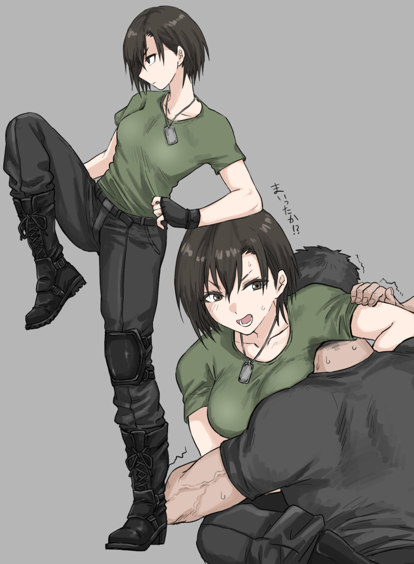 1boy, 1girl, black_hair, black_pants, black_shirt, breasts, brown_eyes, brown_hair, dog_tags, fighting, fuku_(fuku12290574), grabbing, green_shirt, grey_background, highres, knee_pads, military, mixed-sex_combat, original, pants, shirt, short_hair