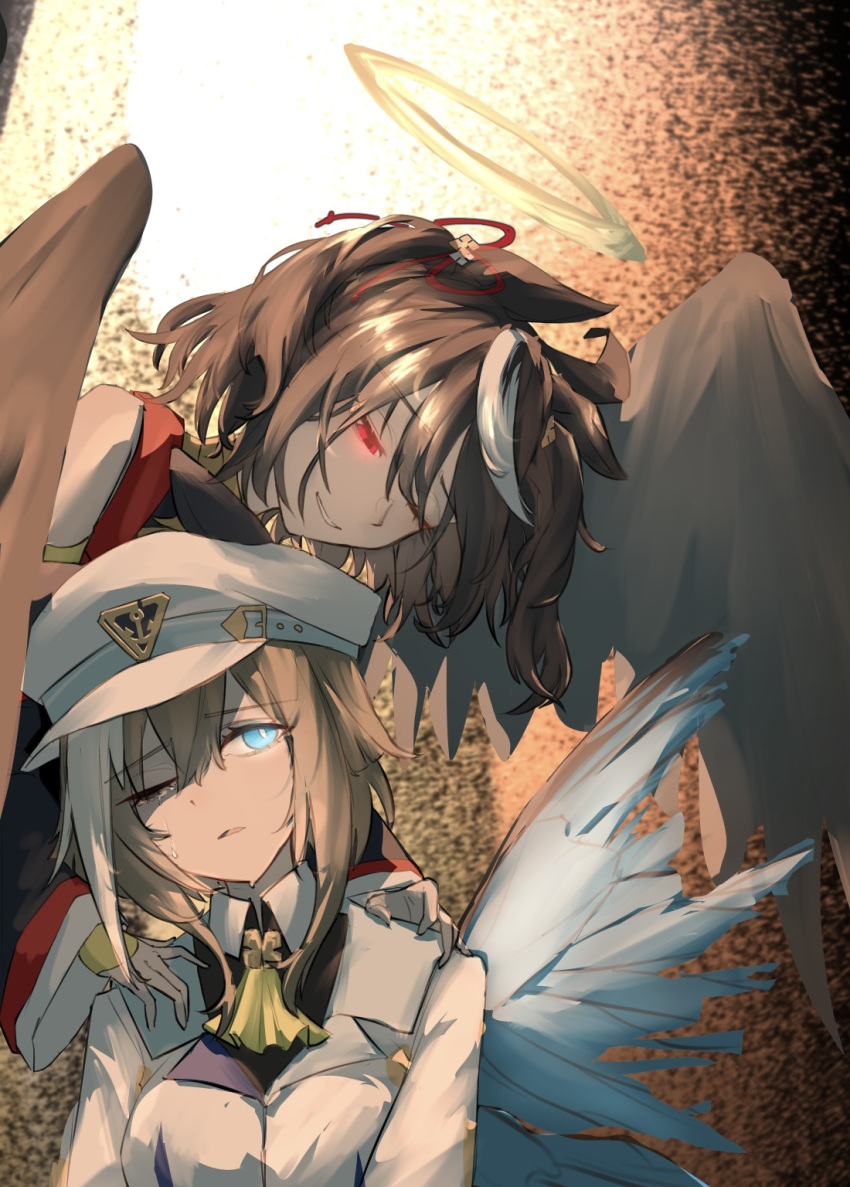 2girls, animal_ears, ascot, black_hair, blue_eyes, blue_wings, broken_wing, brown_hair, brown_wings, cheval_grand_(umamusume), commentary_request, feathered_wings, glowing, glowing_eyes, green_ascot, hair_ribbon, halo, hands_on_another's_shoulders, hat, highres, horse_ears, horse_girl, kitasan_black_(umamusume), looking_at_another, looking_up, multicolored_hair, multiple_girls, one_eye_closed, peaked_cap, red_eyes, red_ribbon, ribbon, sasa_fune, shirt, short_hair, smile, streaked_hair, tearing_up, two_side_up, umamusume, white_hair, white_headwear, white_shirt, wings, yellow_halo
