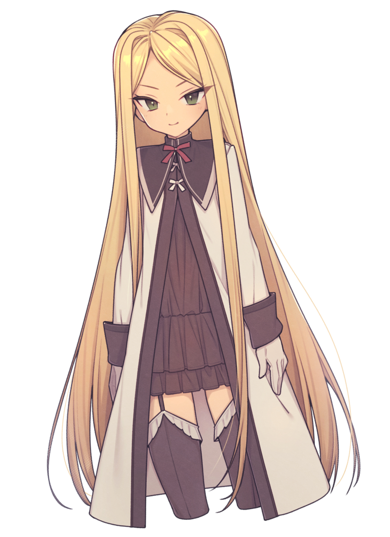 1girl, black_thighhighs, blonde_hair, closed_mouth, commentary, cropped_legs, dot_nose, dress